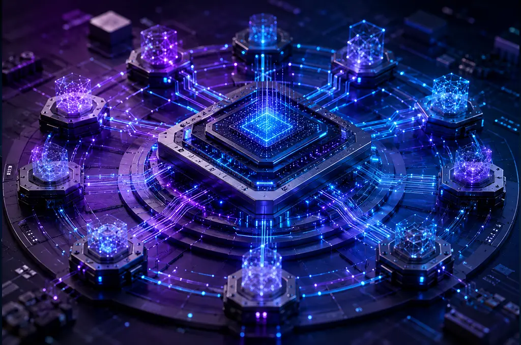 Illustration of AI machine learning platform with central neural chip connected to distributed quantum data nodes enabling generative AI and intelligent automation.