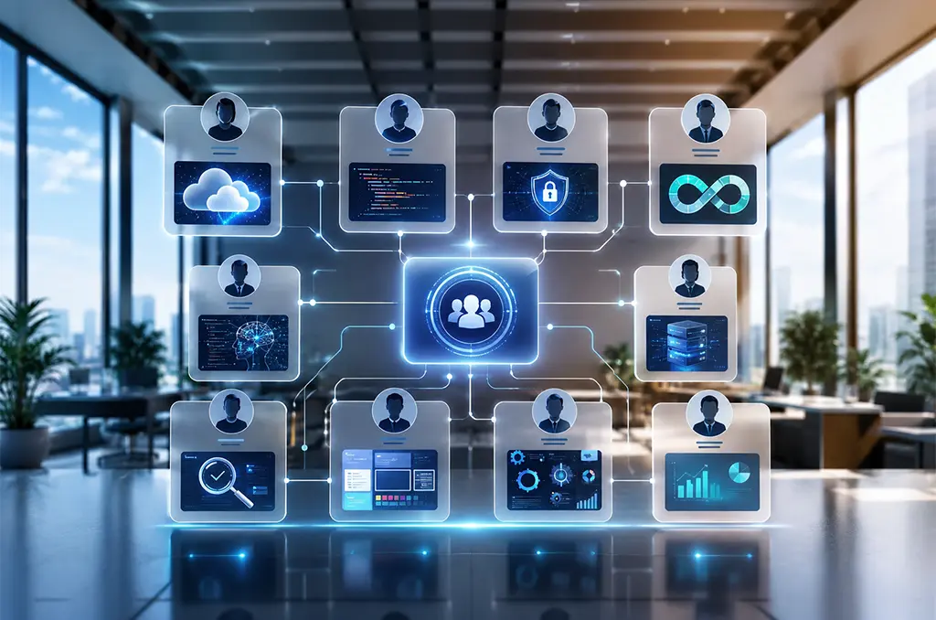 Connected specialized talent cards represting qualified IT staff for project-based talent solutions.