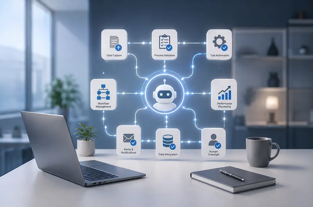 Illustration of Enterprise platform solutions with AI-driven automation for data capture, workflow management, and performance monitoring.