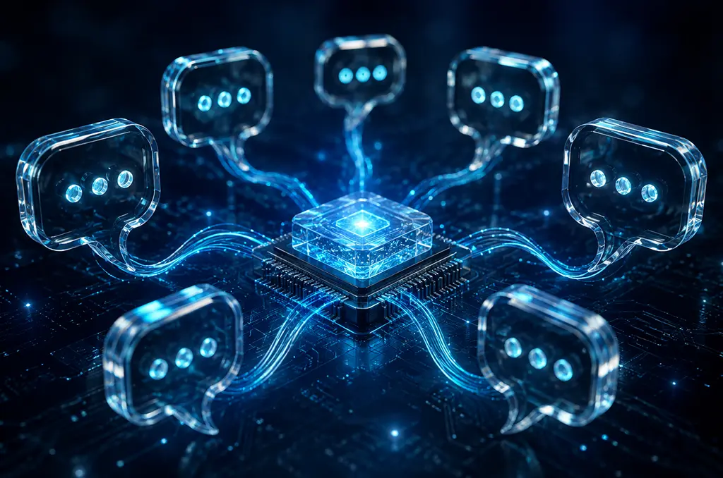 Generative AI platform with central neural chip powering intelligent chat assistants and natural language processing for conversational AI.