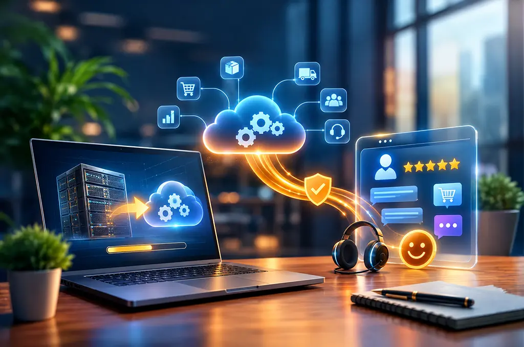 Illustration of an ERP enablement migration reducing infrastructure costs, featuring bright gold coins and a glowing dollar-bag savings.