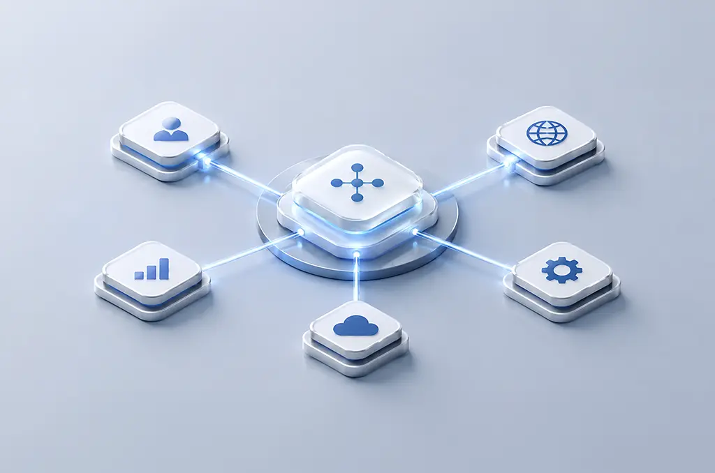 Illustration of API integration services connecting enterprise systems via a central hub for secure data synchronization and scalable operations.
