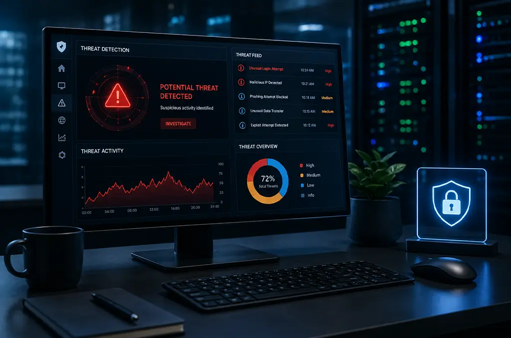 A cybersecurity threat detection dashboard showing potential threat alerts, activity monitoring, and 72% threat overview for proactive security response.