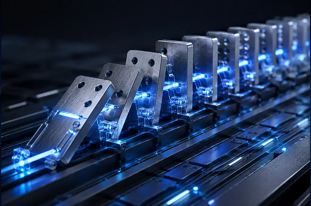 AI automation triggering intelligent domino effect with connected metallic data blocks and glowing blue neural pathways for scalable ML workflows.