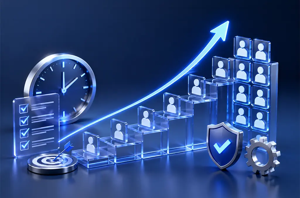 Scaling IT talent staircase with growth arrow, target and compliance for staff augmentation services