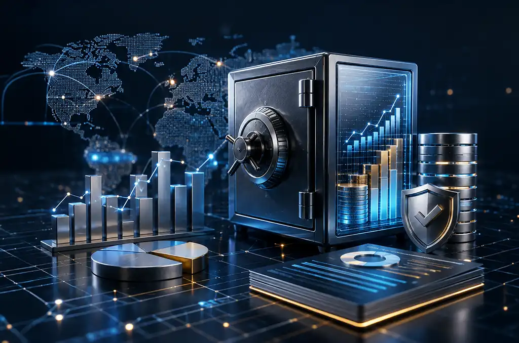 Mokshaa providing enterprise applications secure vault with financial growth charts, global data analytics and ERP platform solutions
