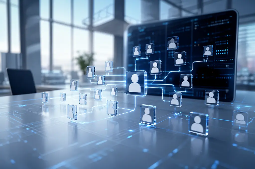 Network of connected IT talent icons on digital interface for Mokshaa staff augmentation services