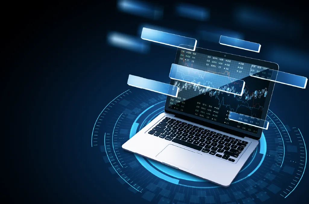 IT service management enabling real-time performance monitoring and data analytics on laptop with floating digital dashboards