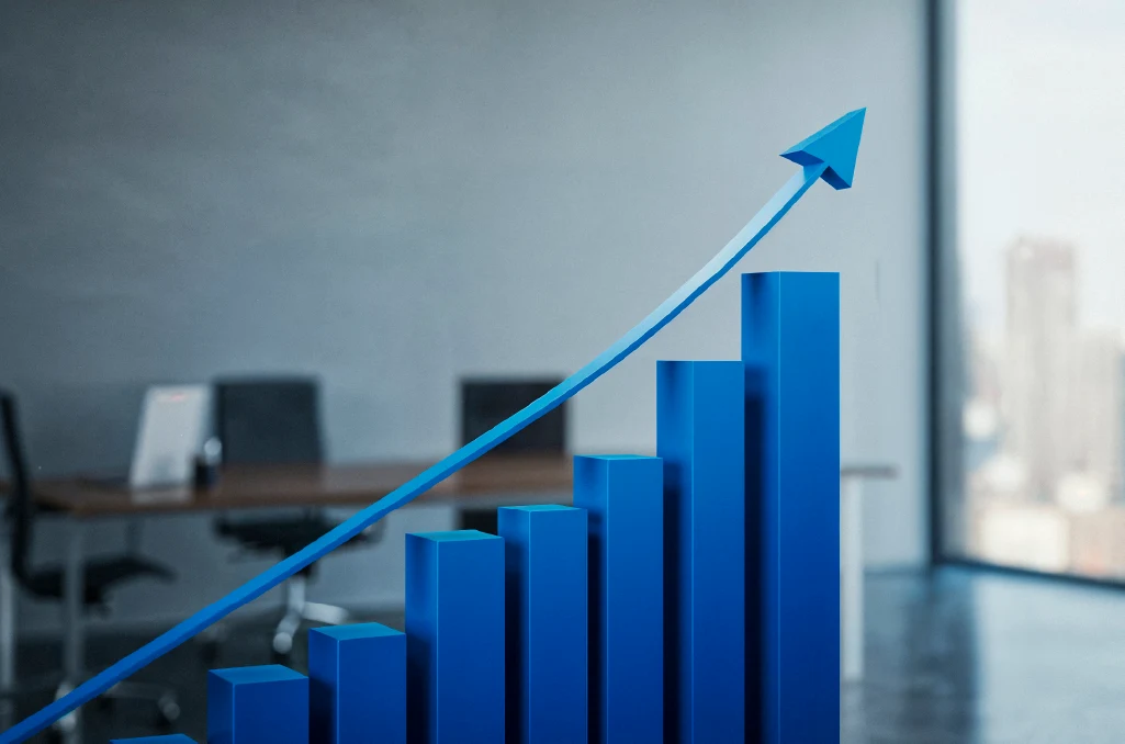 illustration of Moskha llc - application management production support driving business growth with rising blue performance bars and upward success arrow in office.