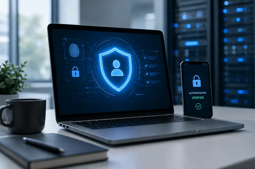 Illustration showing cybersecurity identity management securing user authentication with biometric verification and multi-factor authentication on devices.