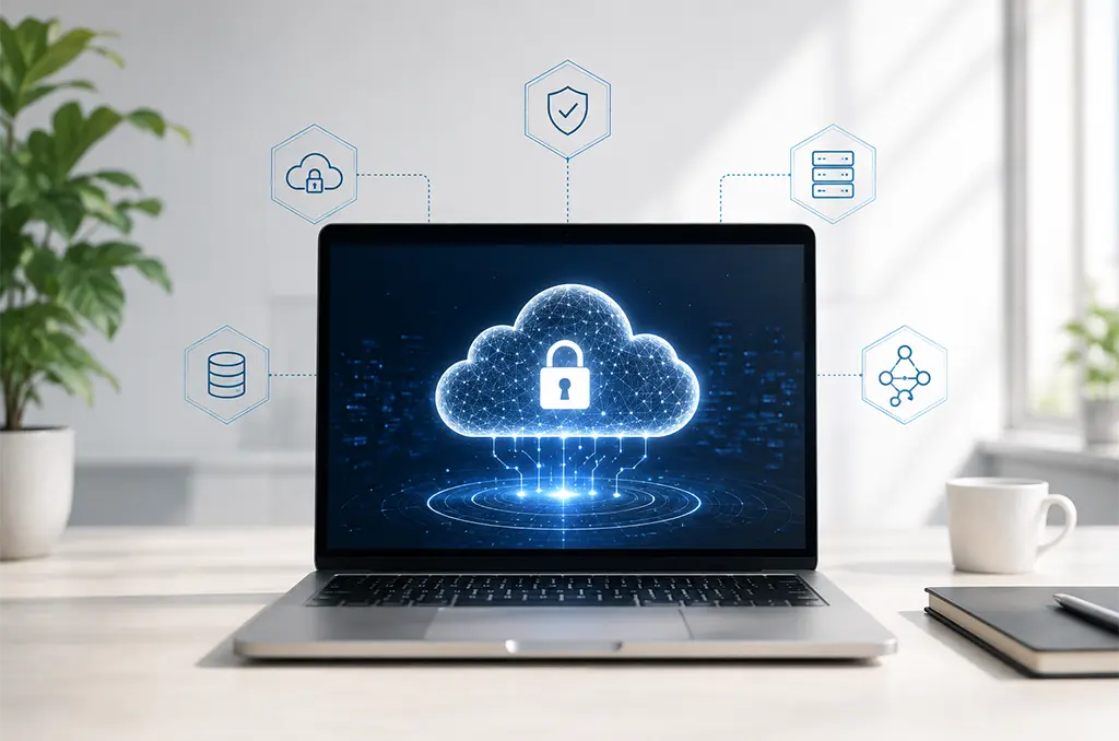 Illustration image showing cloud security services protecting infrastructure with encrypted cloud storage, database security, and network defense monitoring