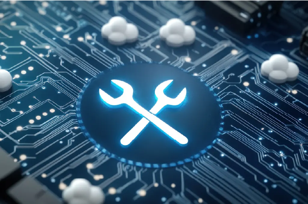 Application management support for production with glowing tools icon on circuit board ensuring cloud application reliability and maintenance.