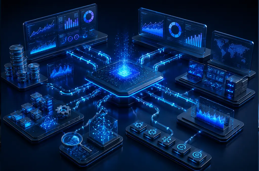 AI machine learning generative AI platform with central neural chip powering analytics dashboards data processing and intelligent automation.