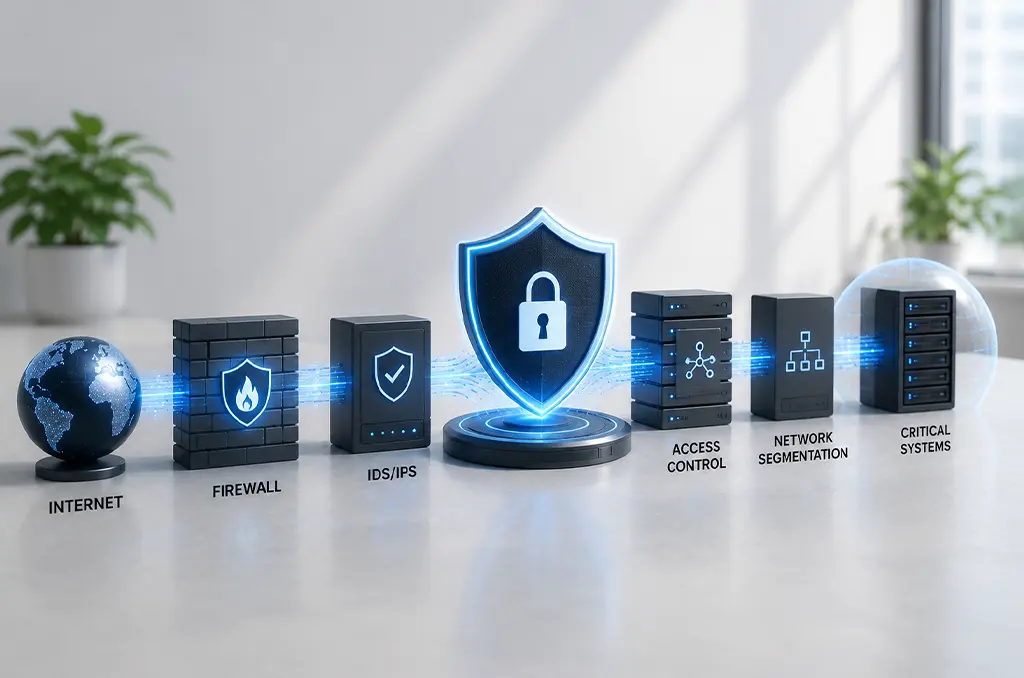 A cybersecurity layered defense from internet through firewall and IDS/IPS to access control and network segmentation protecting critical systems.