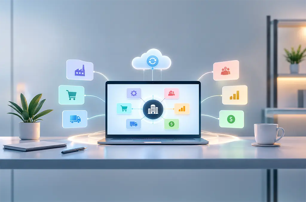 ERP enablement migration unifying business functions with secure cloud integration on a laptop.