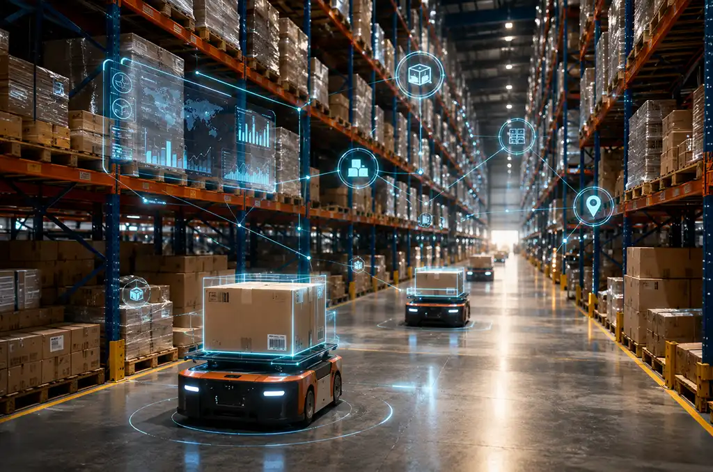 Mokshaa enterprise applications smart warehouse with AGV robots for inventory distribution and logistics management